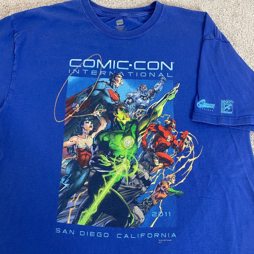 SDCC T-Shirt Mens Large 2011 Blue Comic Con San Diego Justice League Hanes Y2K
